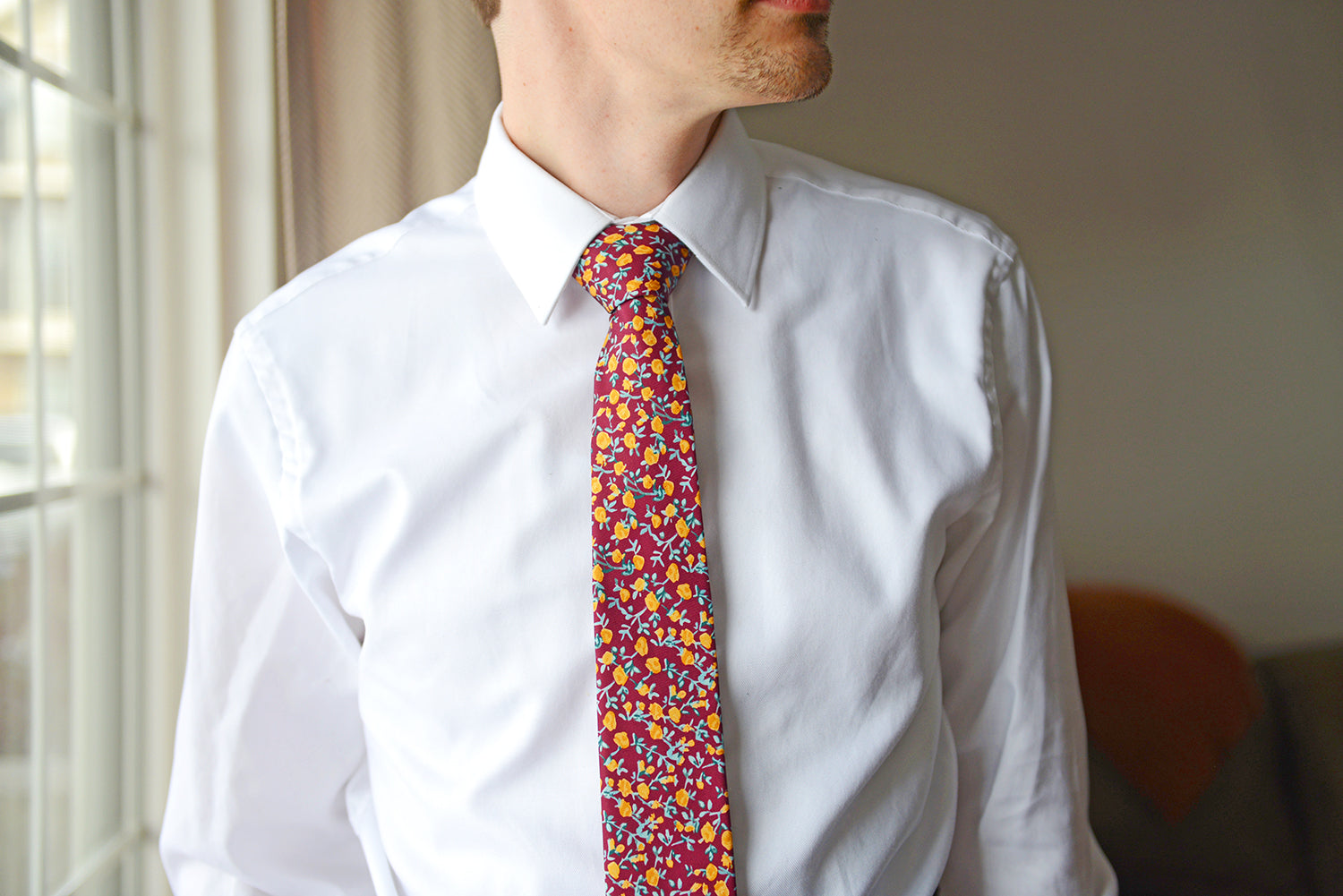 Customized floral necktie with white button down shirt