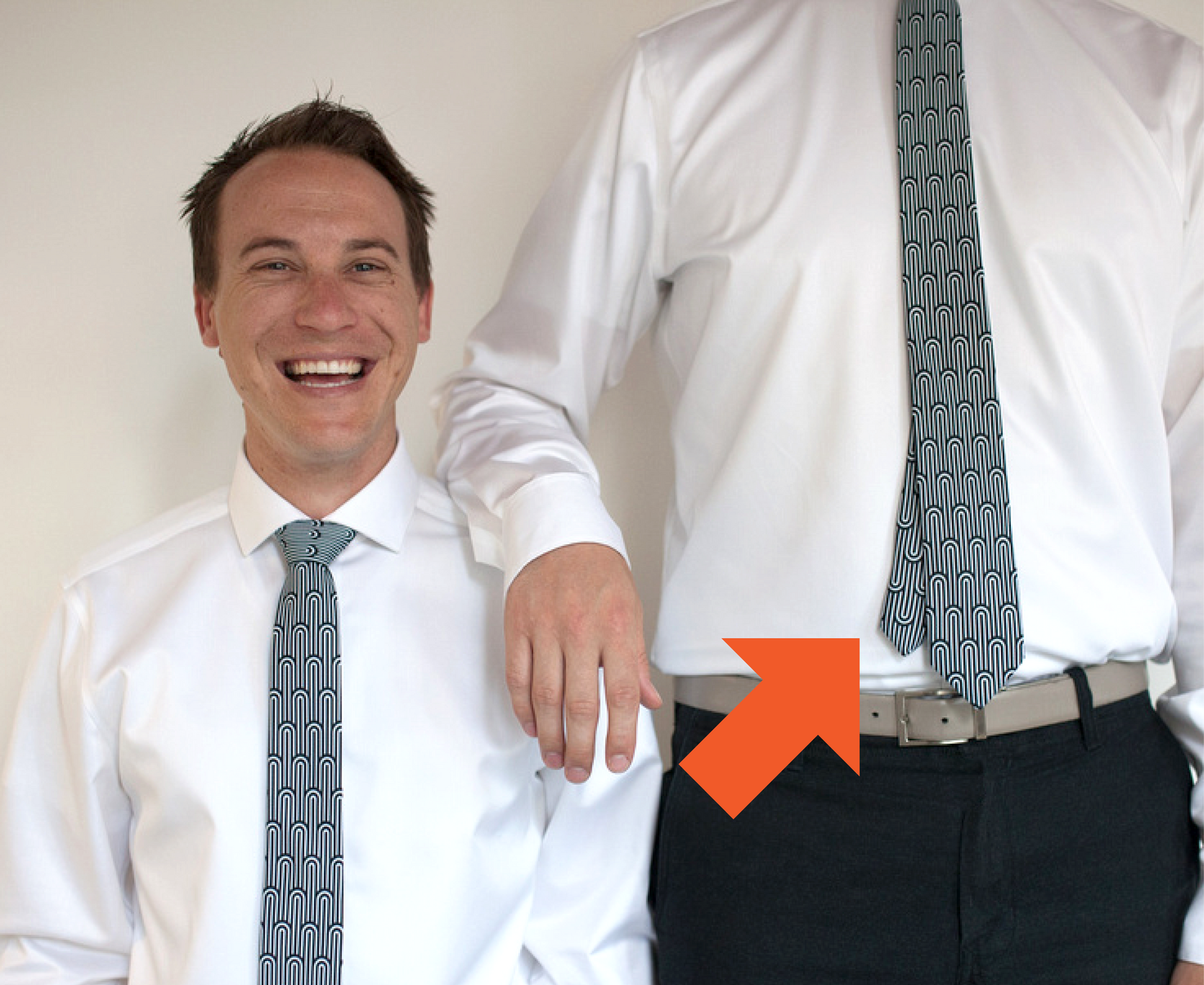 Shorter man next to taller man wearing ties that fit their height