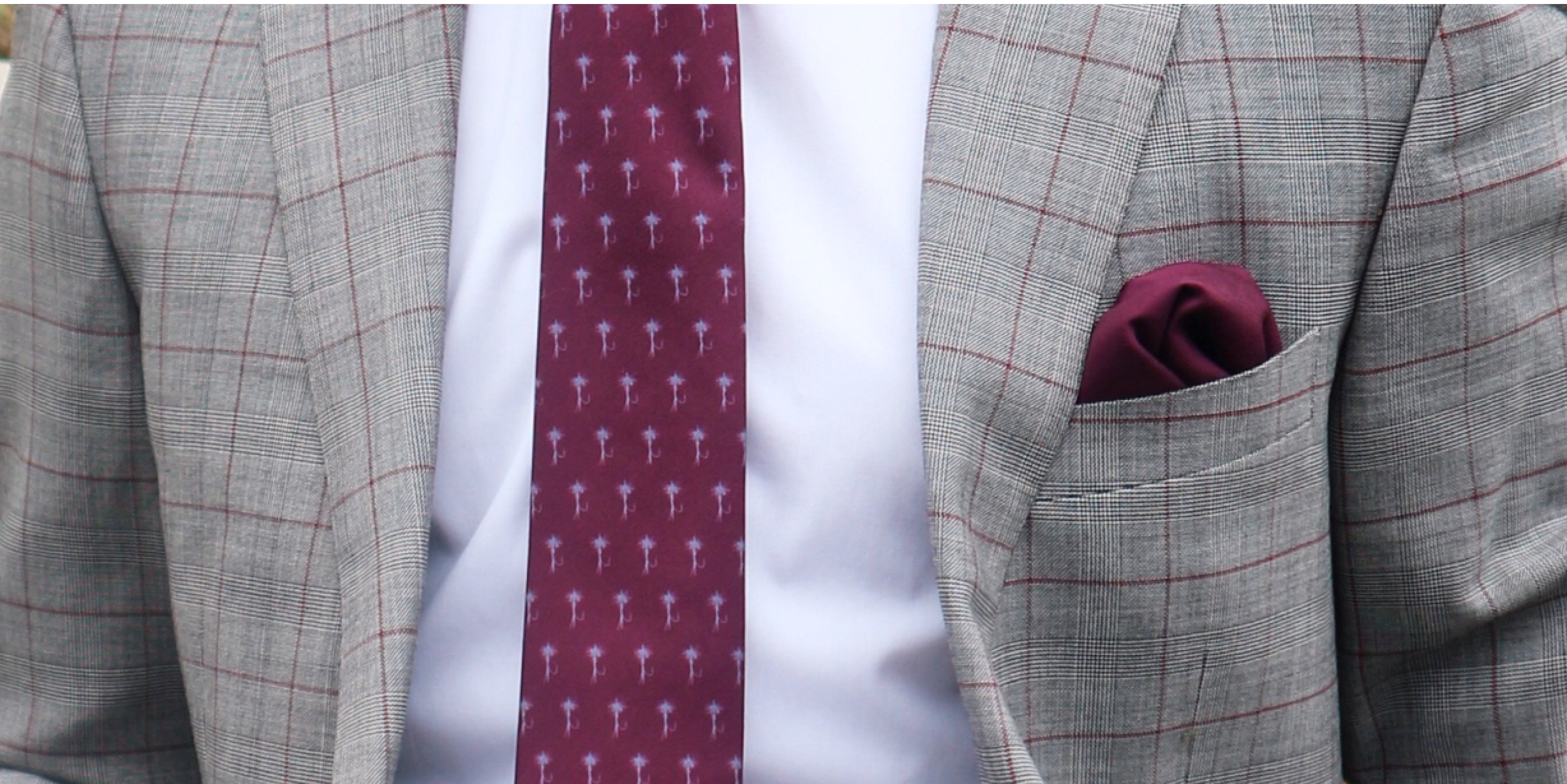 fishing lure necktie and solid burgundy pocket square