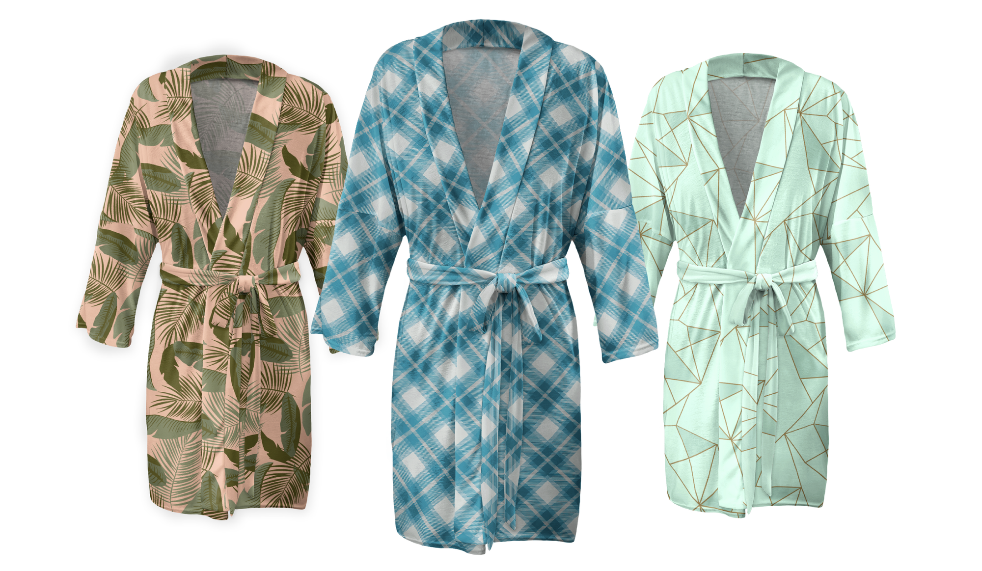 Plaid, floral and geometric print robes in customizable colors