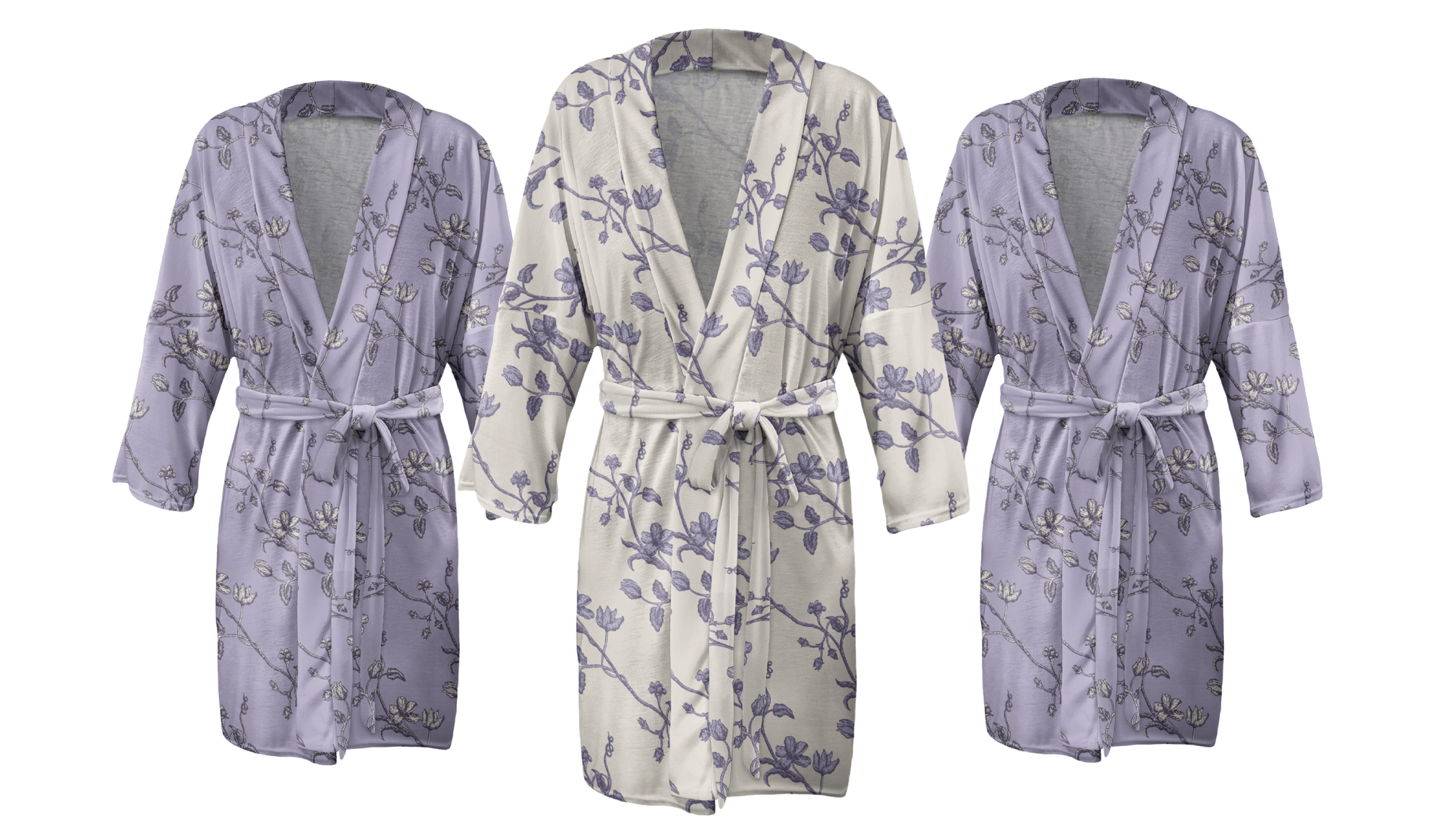 Three bridal robes in complementary customizable patterns and colors