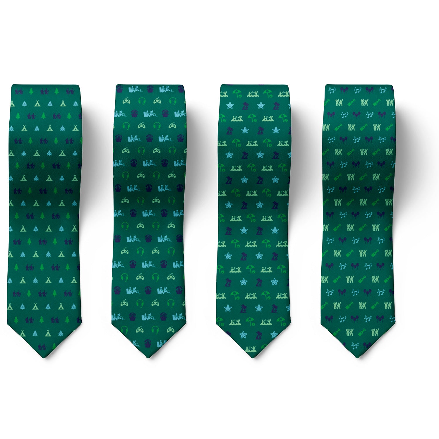 Green customized necktie set for groomsmen with patterns inspired by good times with friends
