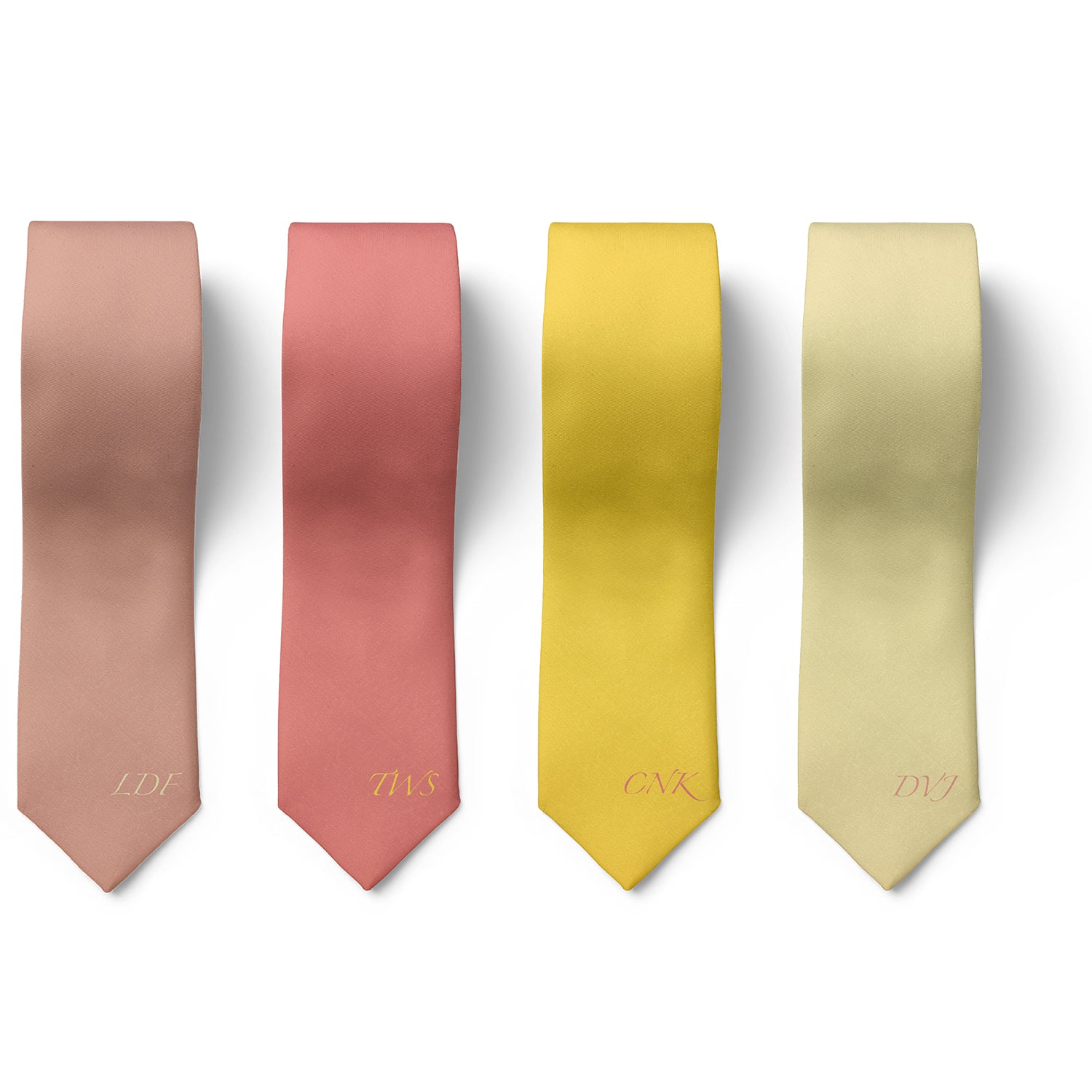 Monogram necktie set with different colors featuring groomsmen's initials