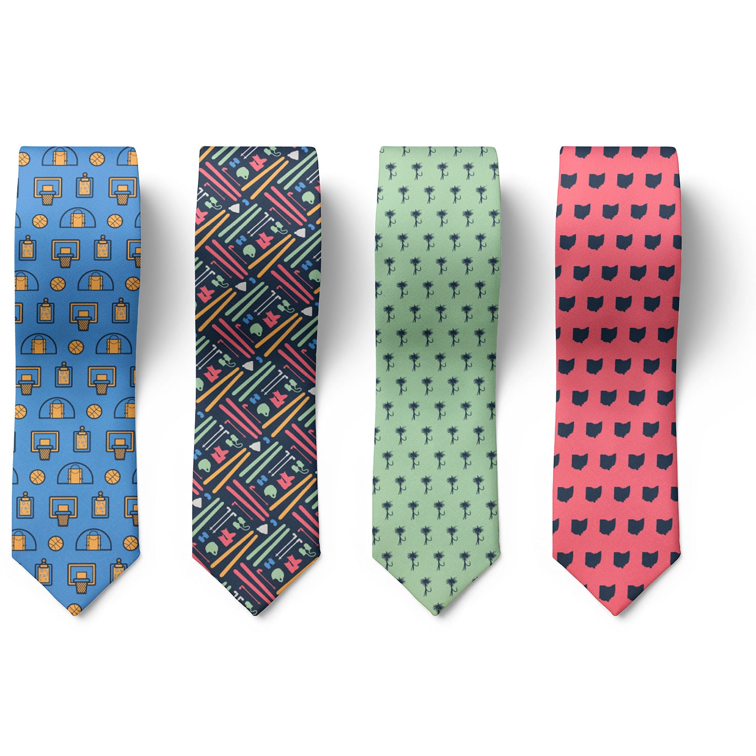 Customized necktie set with sports and hobbies inspired patterns in different colors