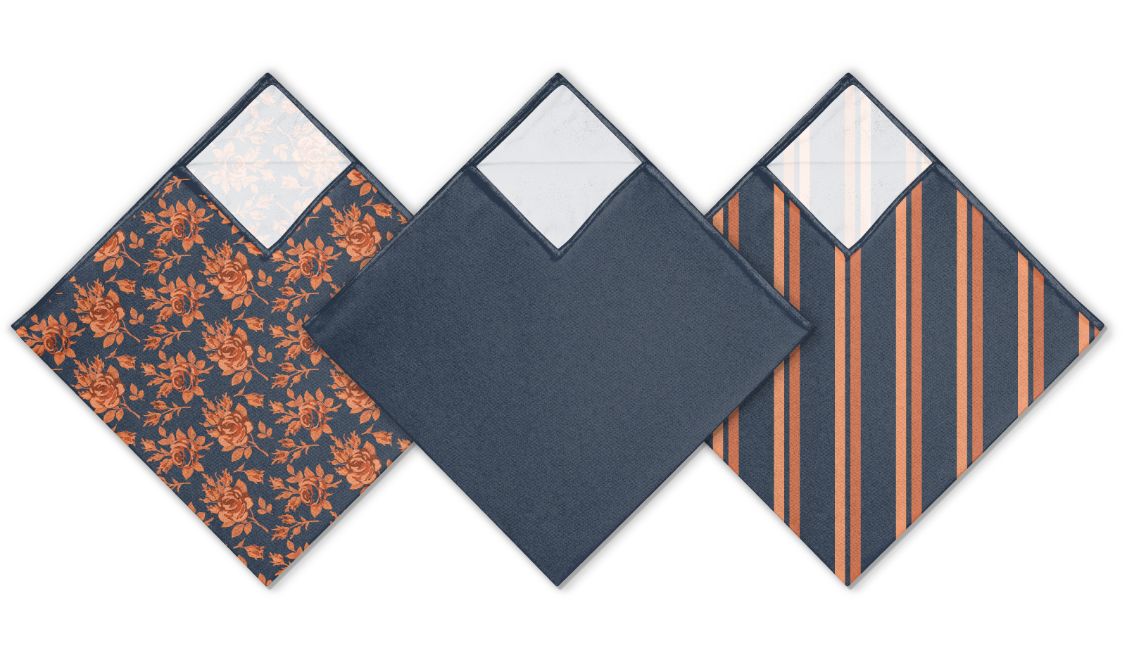 Wedding colored pocket squares with floral, solid, and striped pocket square designs.