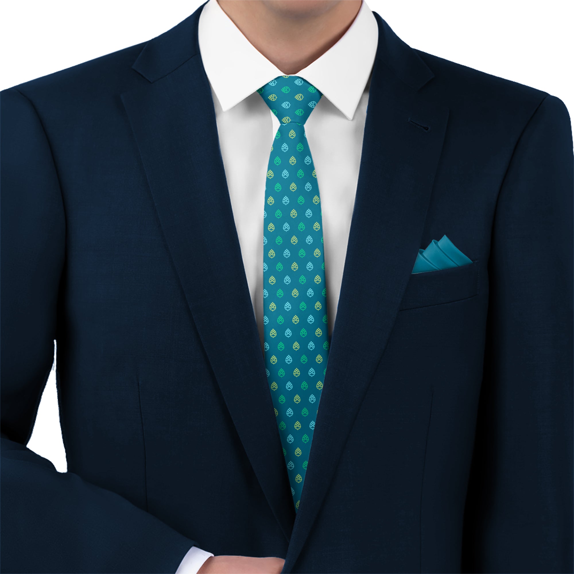 Man wearing dark suit jacket with teal beer hops patterned necktie and solid teal colored pocket square