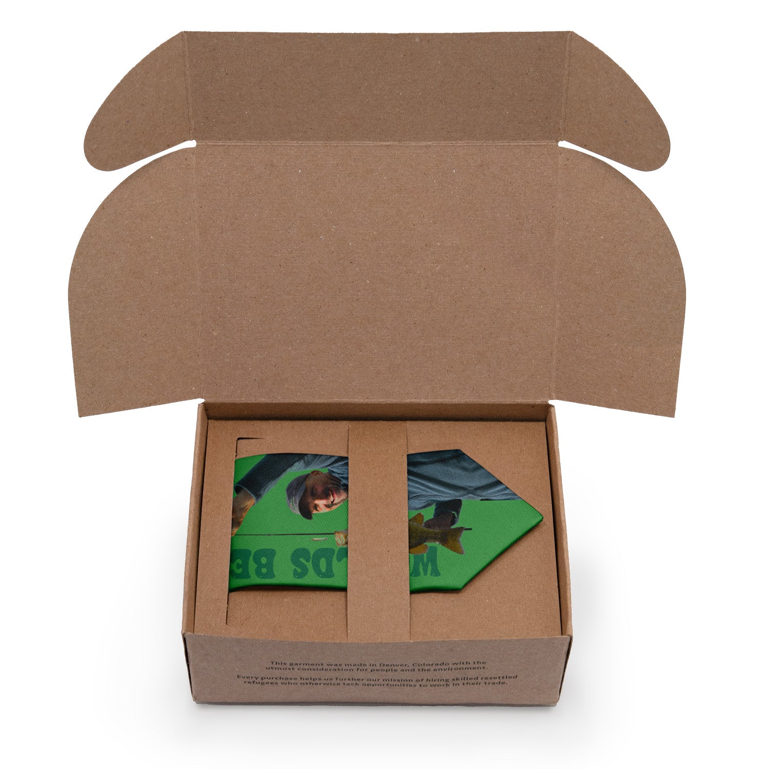 Open cardboard box with a green product inside on a white background