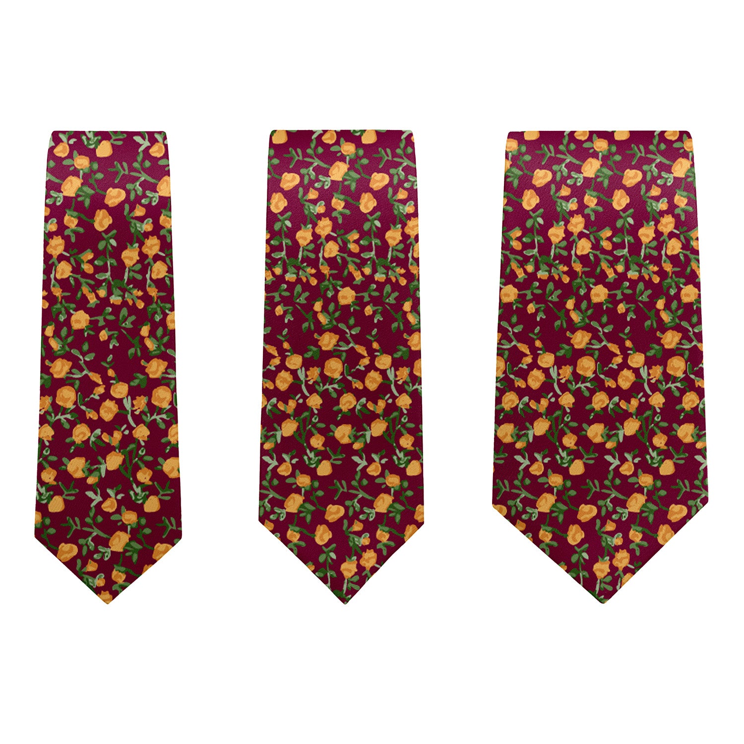Skinny tie, knotty tie, classic tie widths side by side in floral print