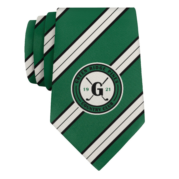 Green and white striped tie with a club logo on a white background