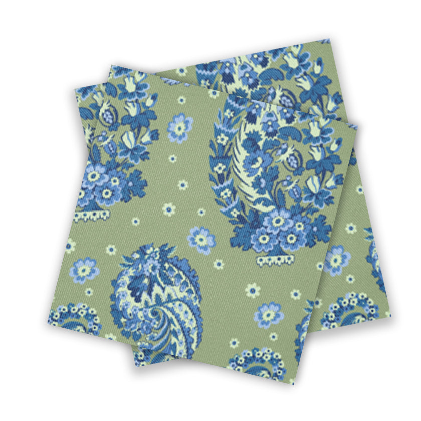 Floral paisley twill fabric swatches with green and blue coloring