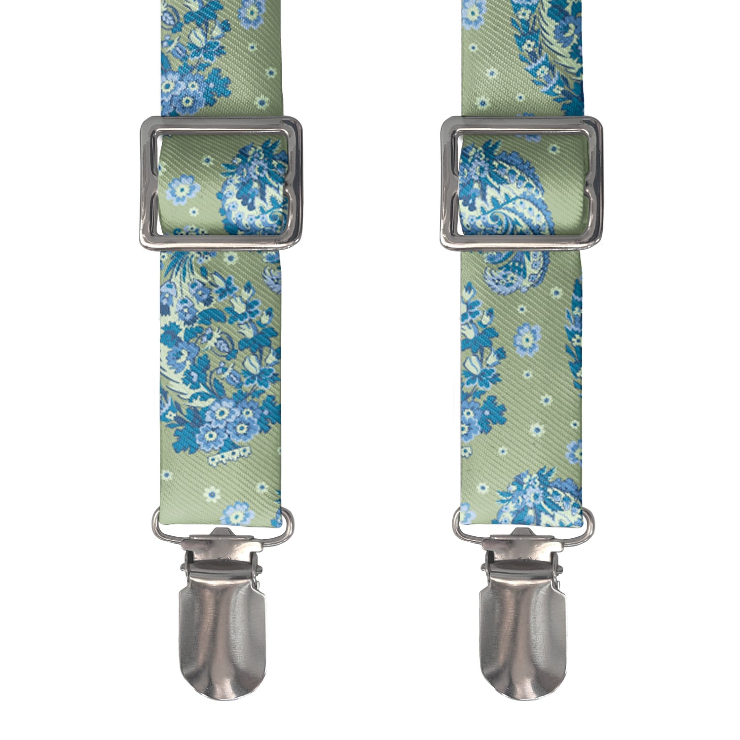 image of paisley suspenders with silver hardware and clamps 
