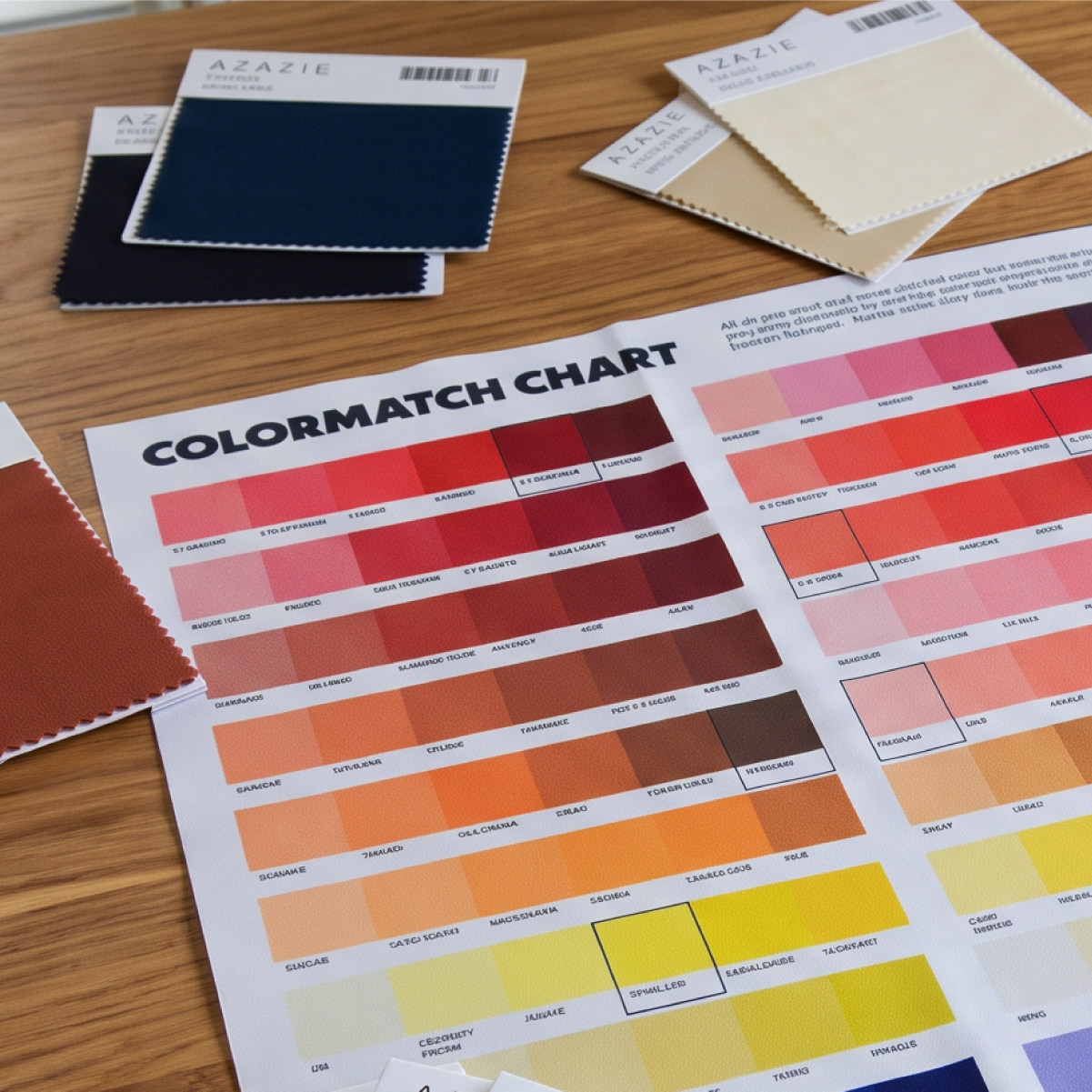 A tabletop display of color swatch cards and fabric samples, including a large printed colormatch chart.
