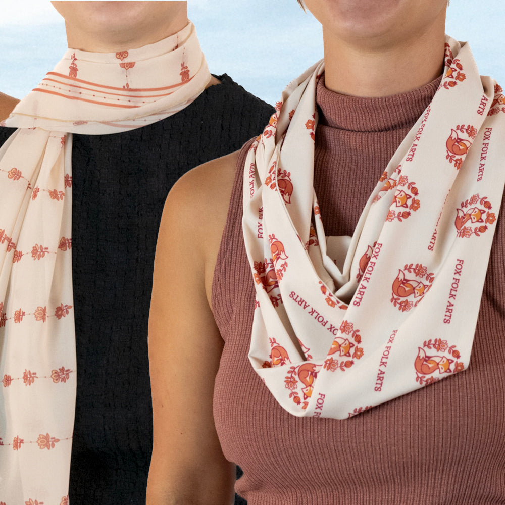 close ups of models wearing infinity and rectangle scarves