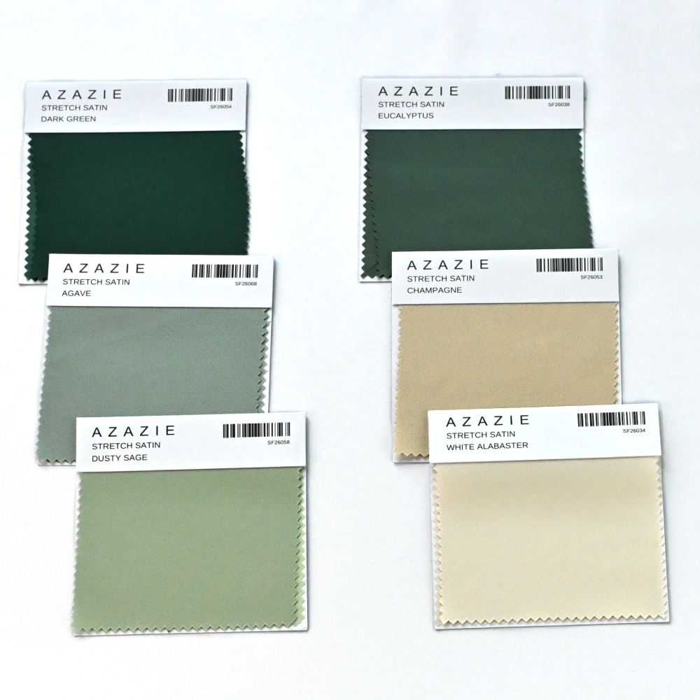 top down image of 6 azazie color swatches in green and beige tones
