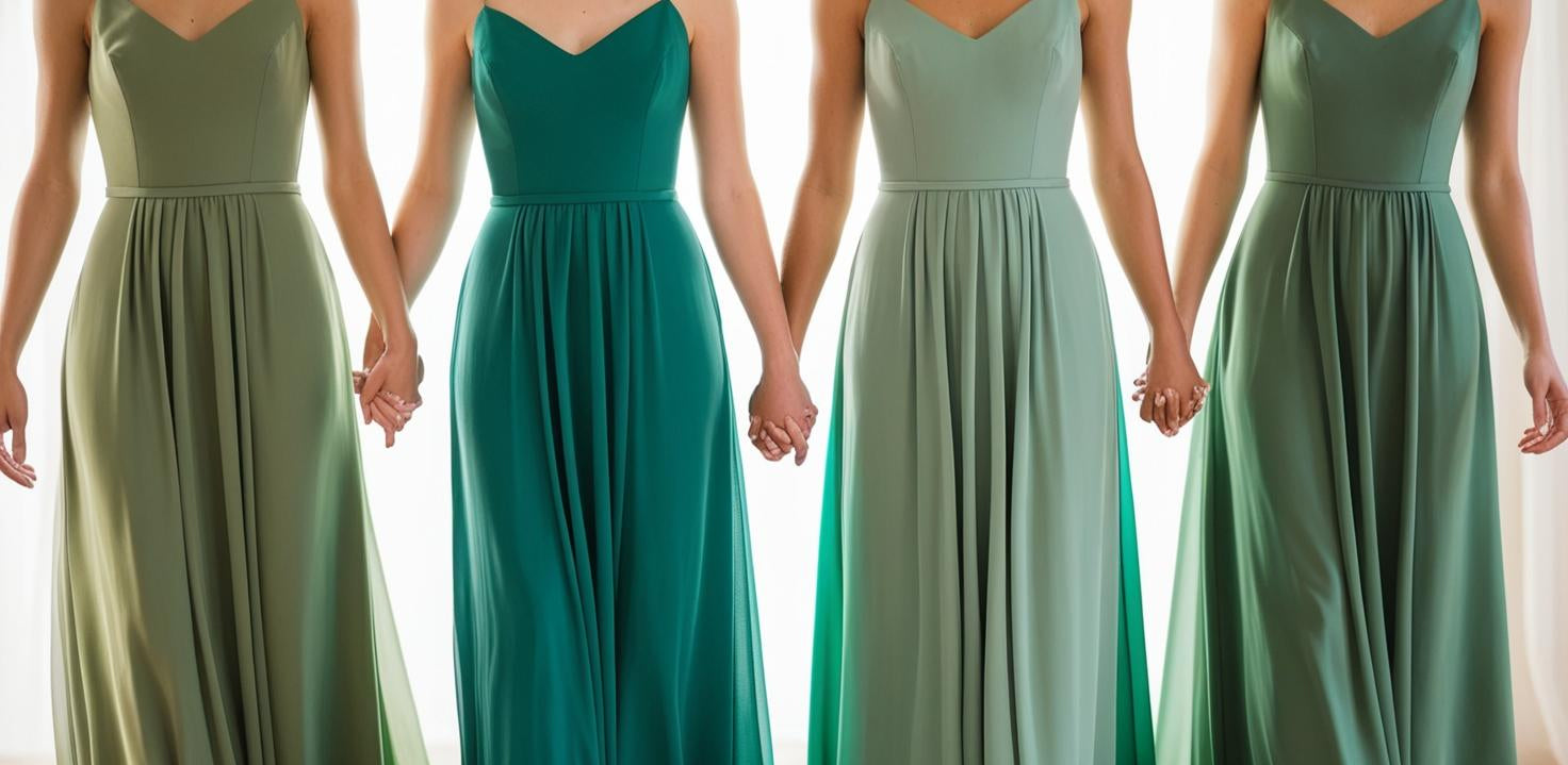 Women wearing mix and match shades of green solid colored dresses