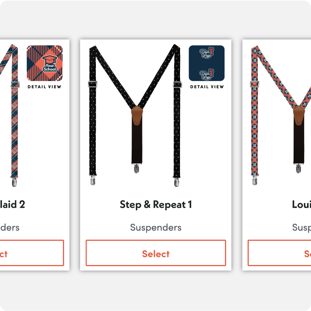 Three pairs of suspenders with different patterns on a white background