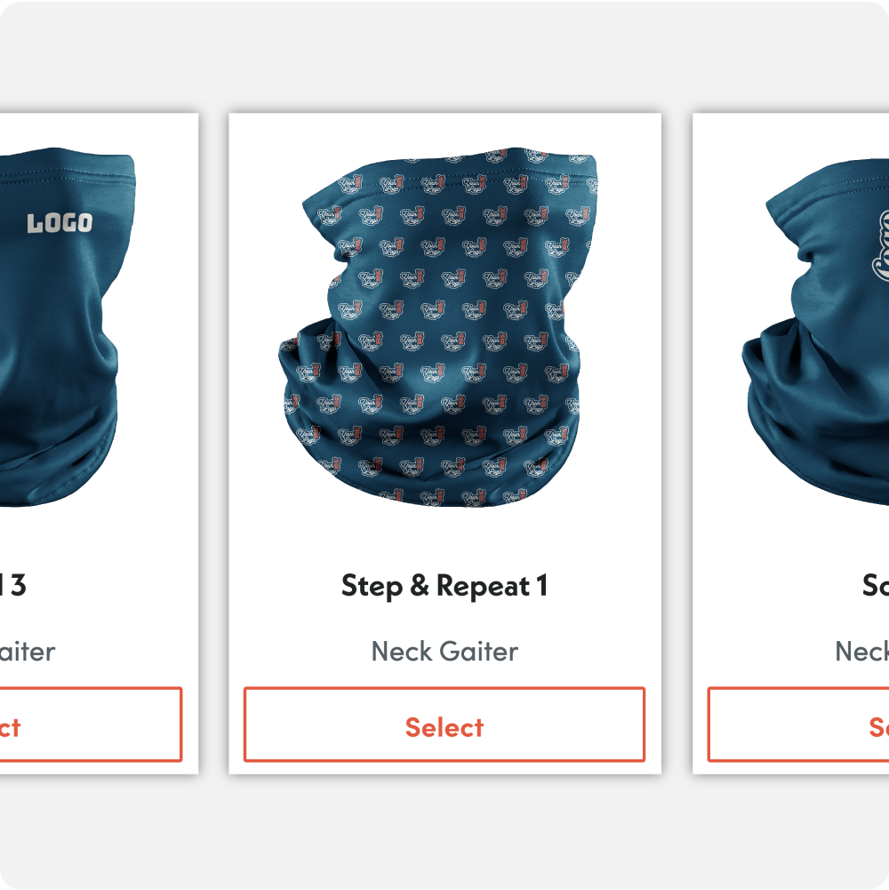 Three custom neck gaiters with different designs on a white background
