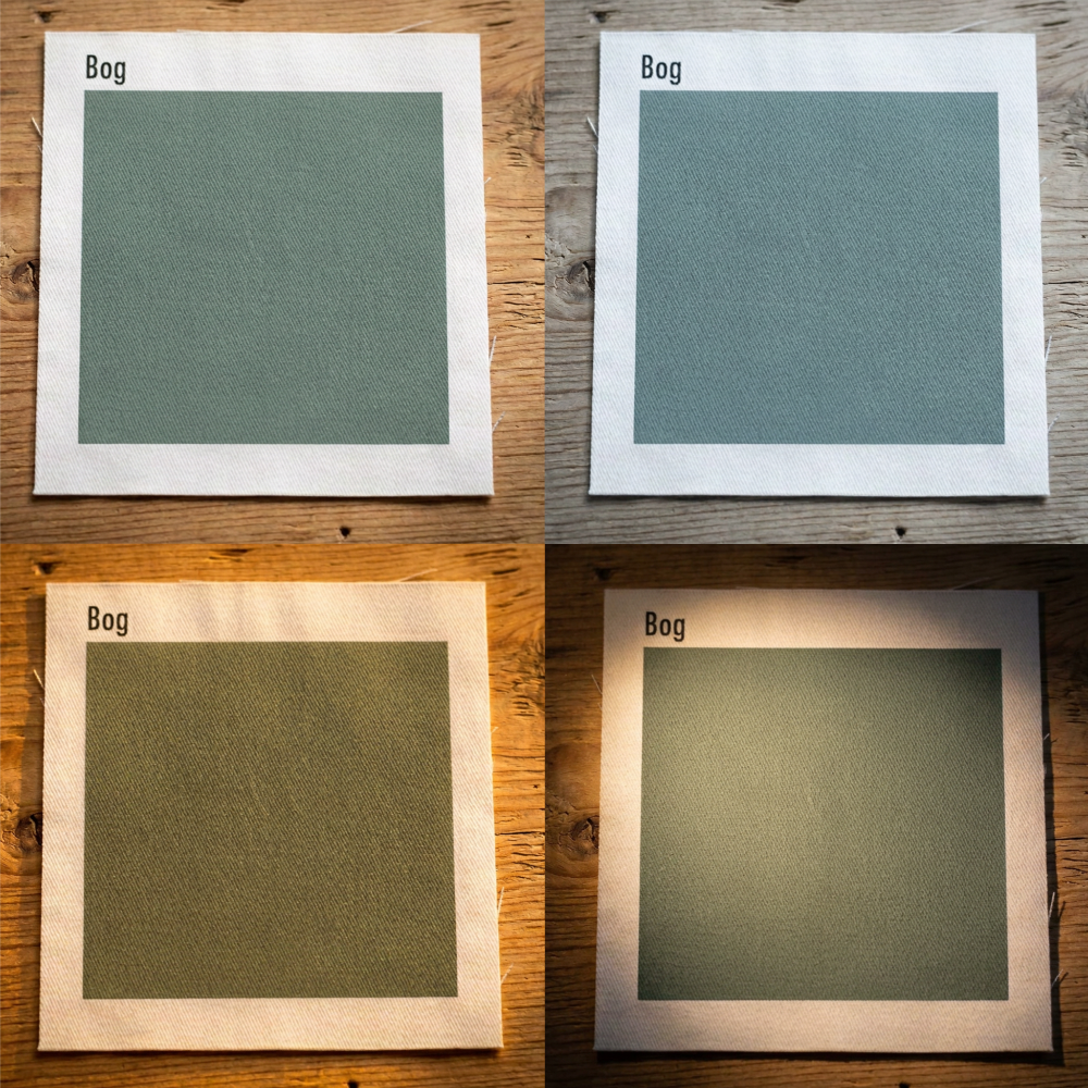 Top down view of a green color swatch displayed in 4 different lighting conditions