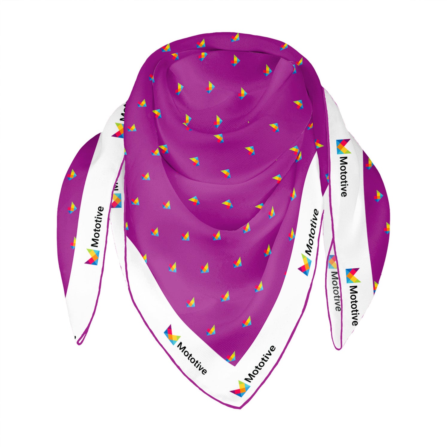 Custom printed scarf with purple background white edges and repeating logo pattern
