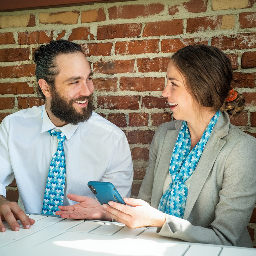 Man and woman sitting together, looking at a phone with a brick wall background