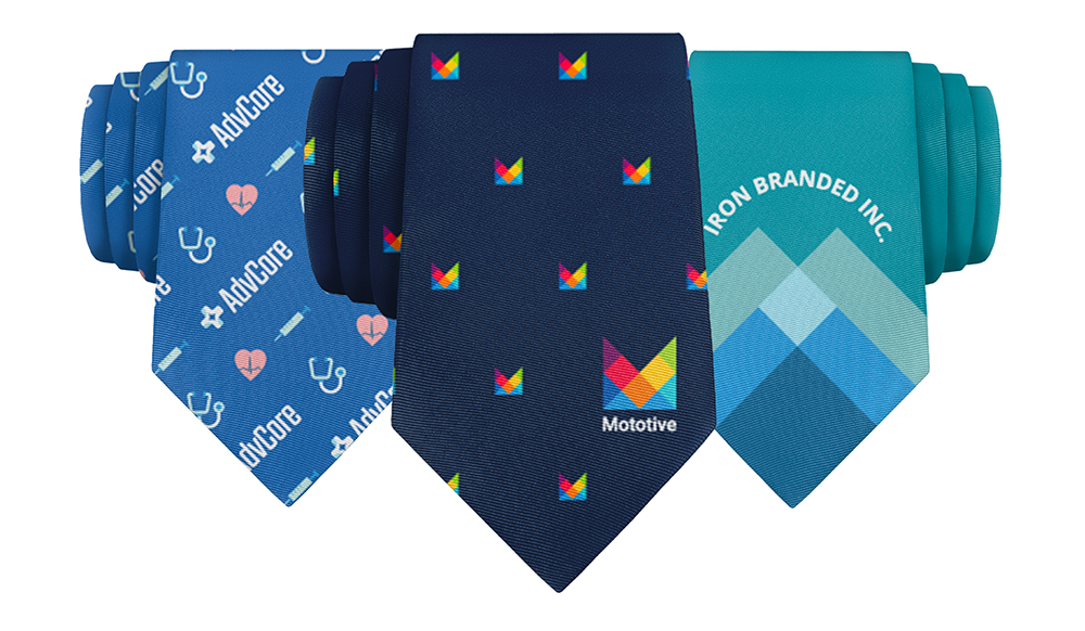 Three blue colored rolled necktie designs with different organization logos