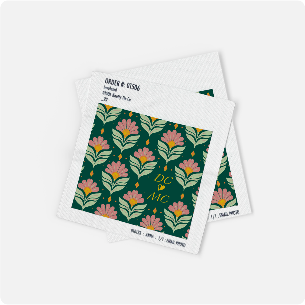 Floral patterned product swatch with 'DC & MC' monogram on a white background