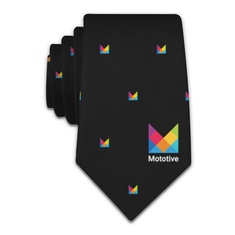 Black custom tie with multicolor logo and repeating printed design