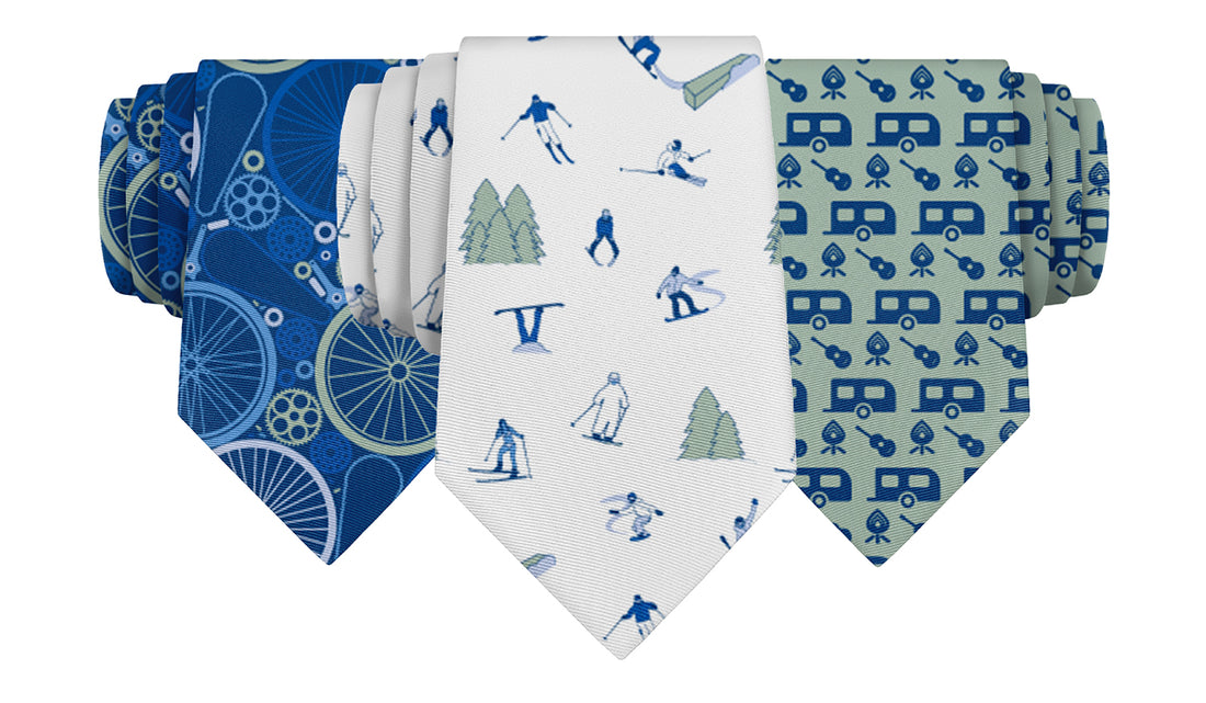 Neckties that are featuring different outdoors activities like skiing and biking and camping