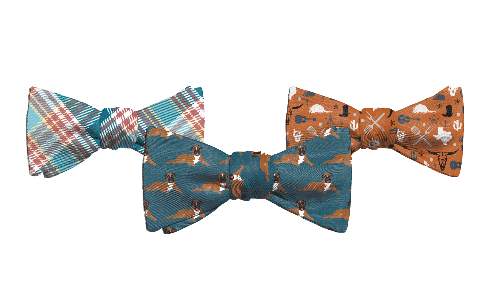 Three customizable bow ties changing colors with plaid dogs and states patterns