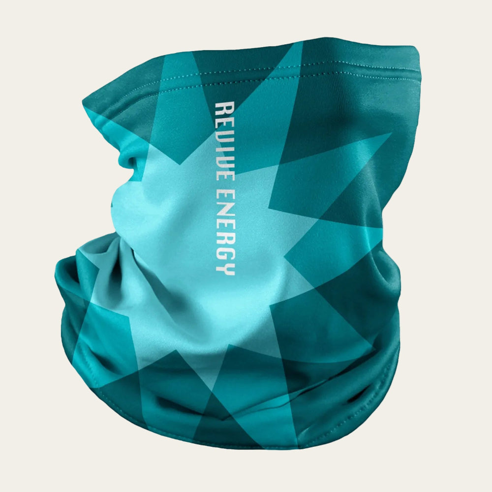 Teal neck gaiter with geometric pattern and 'RENEW ENERGY' text on a white background