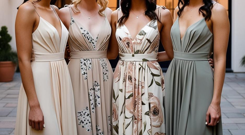 Solid and patterned bridesmaids dresses mix and match