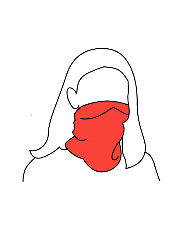 Sketch of a woman wearing a neck gaiter as a face covering