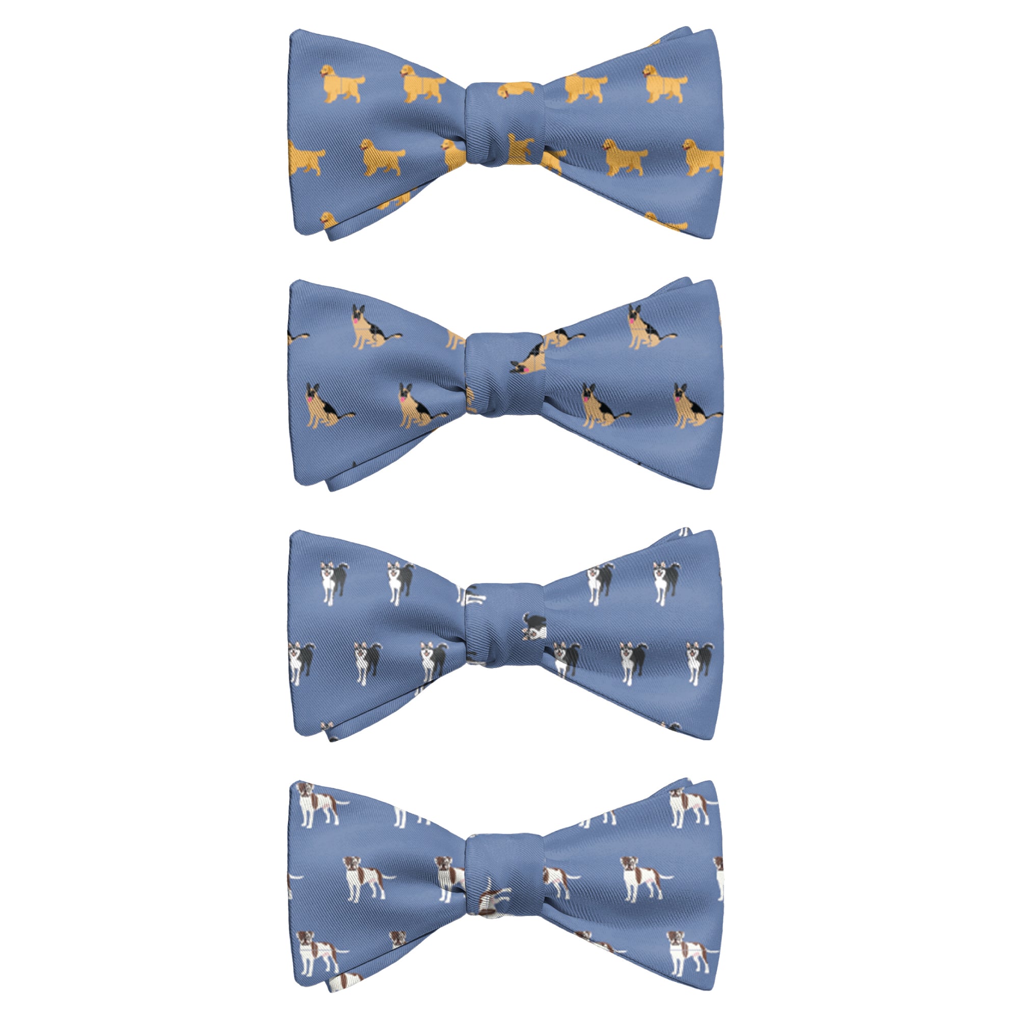 Set of custom colored groomsmen bow ties each with a different dog breed