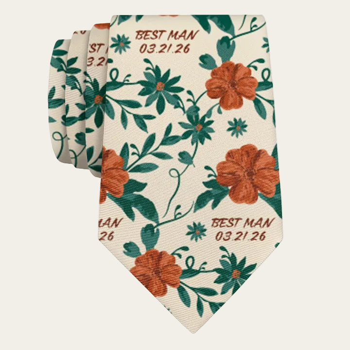 Floral tie with 'Best Man' text and date on a white background