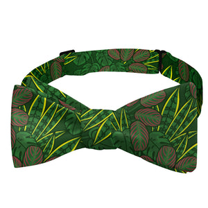 Green bow tie with leaf pattern on a white background