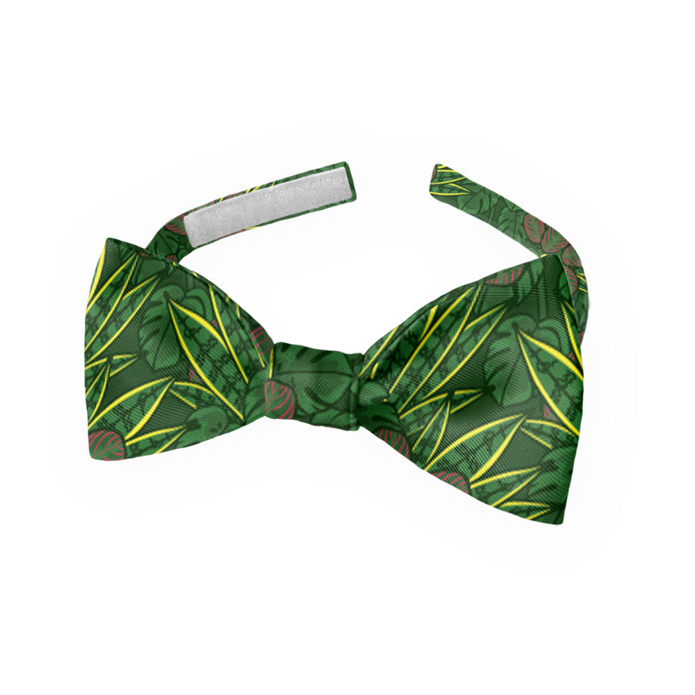 Green houseplant kids bow tie with leaf pattern on a white background
