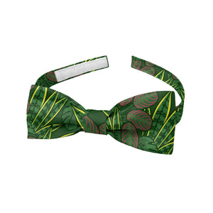 Green houseplant baby bow tie with leaf pattern on a white background