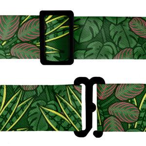 Green houseplant leaf pattern and black hardware on a white background