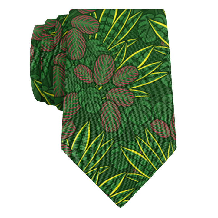 Green houseplant tie with leaf pattern on a white background