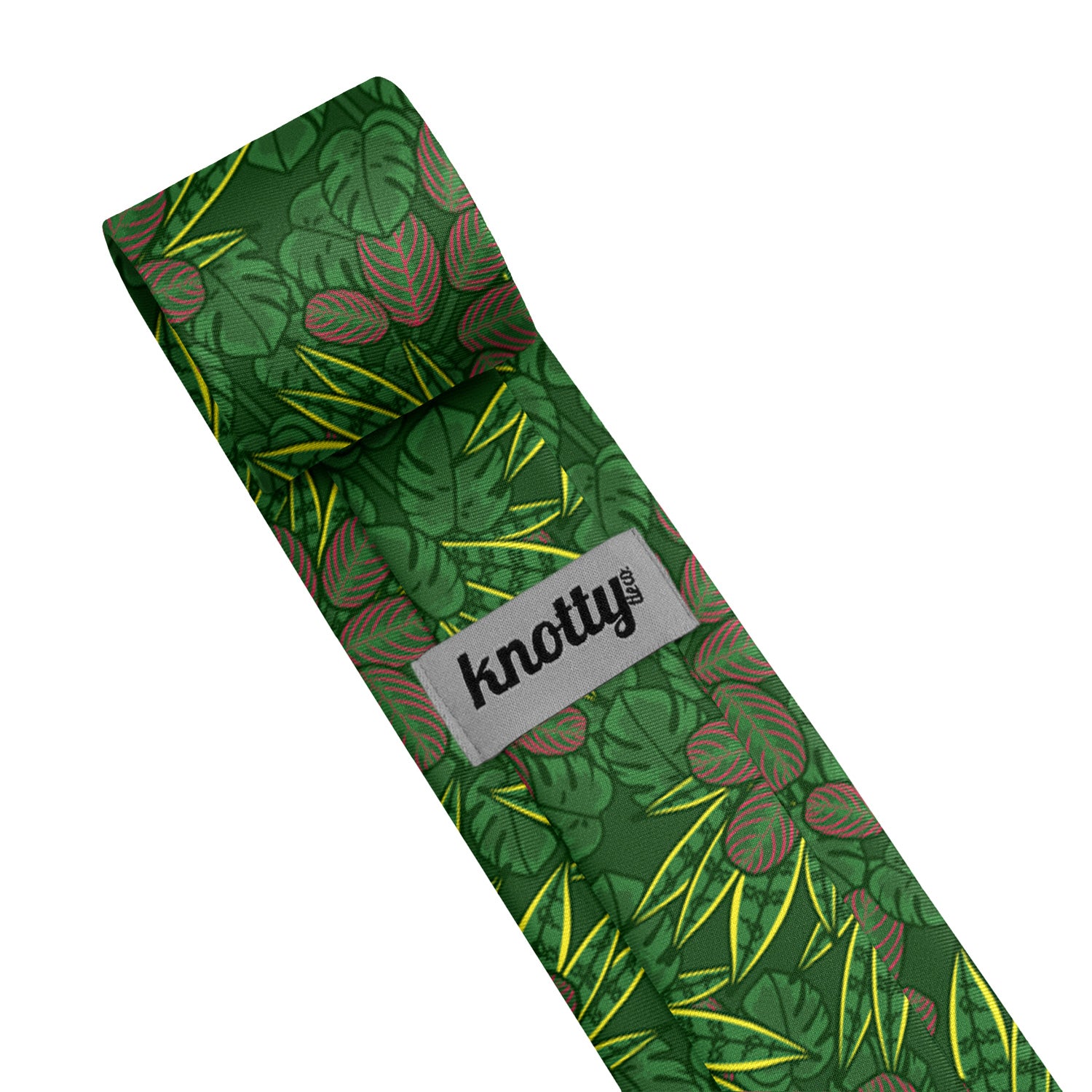 Green leaf-patterned tie with 'knotty' label on a white background
