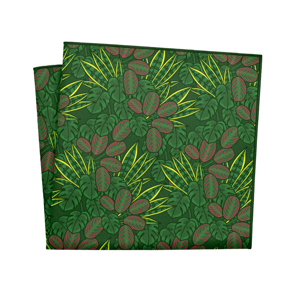 Green houseplant pocket square with leaf pattern on a white background