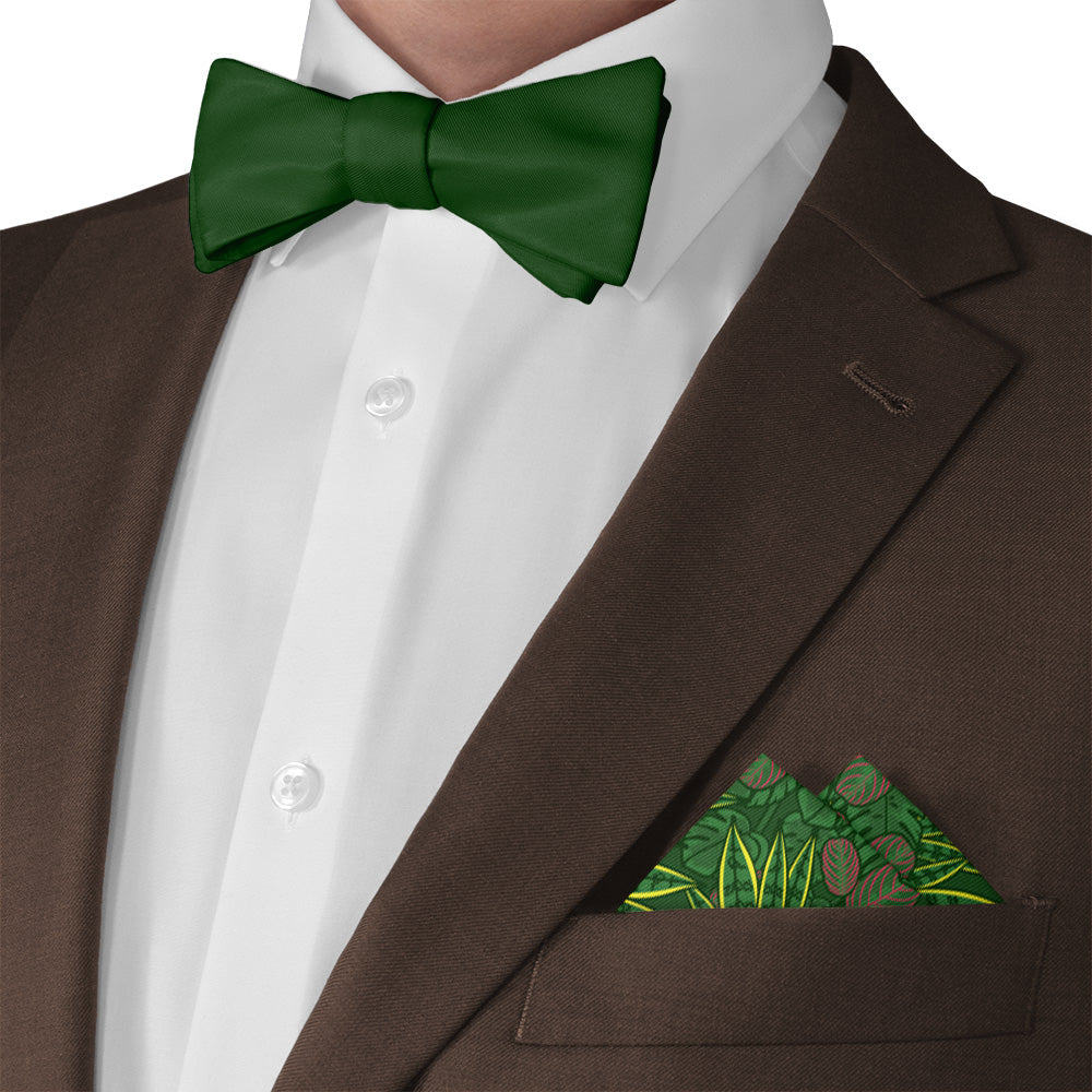 Green bow tie and houseplant pocket square with a brown suit on a white background