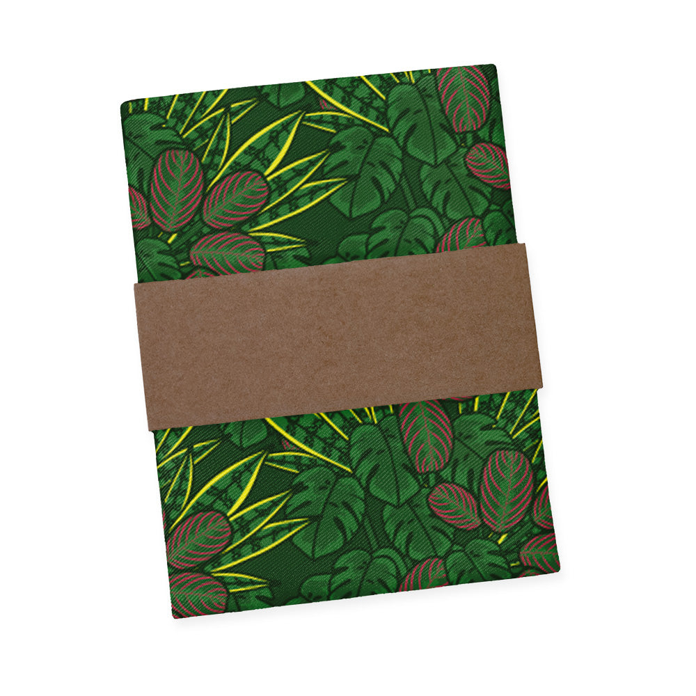 Houseplant pocket square with green leaf pattern and brown band on a white background