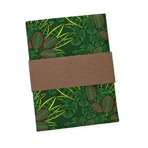 Houseplant pocket square with green leaf pattern and brown band on a white background