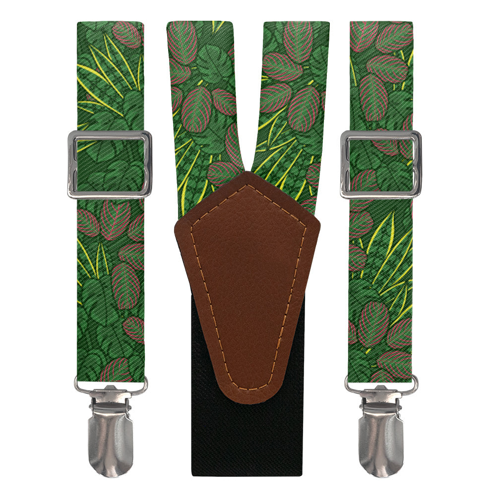 Green leaf-patterned suspenders with brown leather patch and silver clips on a white background