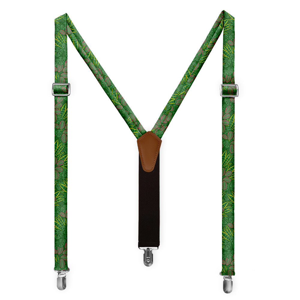 Green leaf-patterned suspenders with brown leather strap on a white background