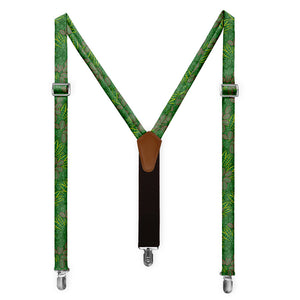 Green leaf-patterned suspenders with brown leather strap on a white background