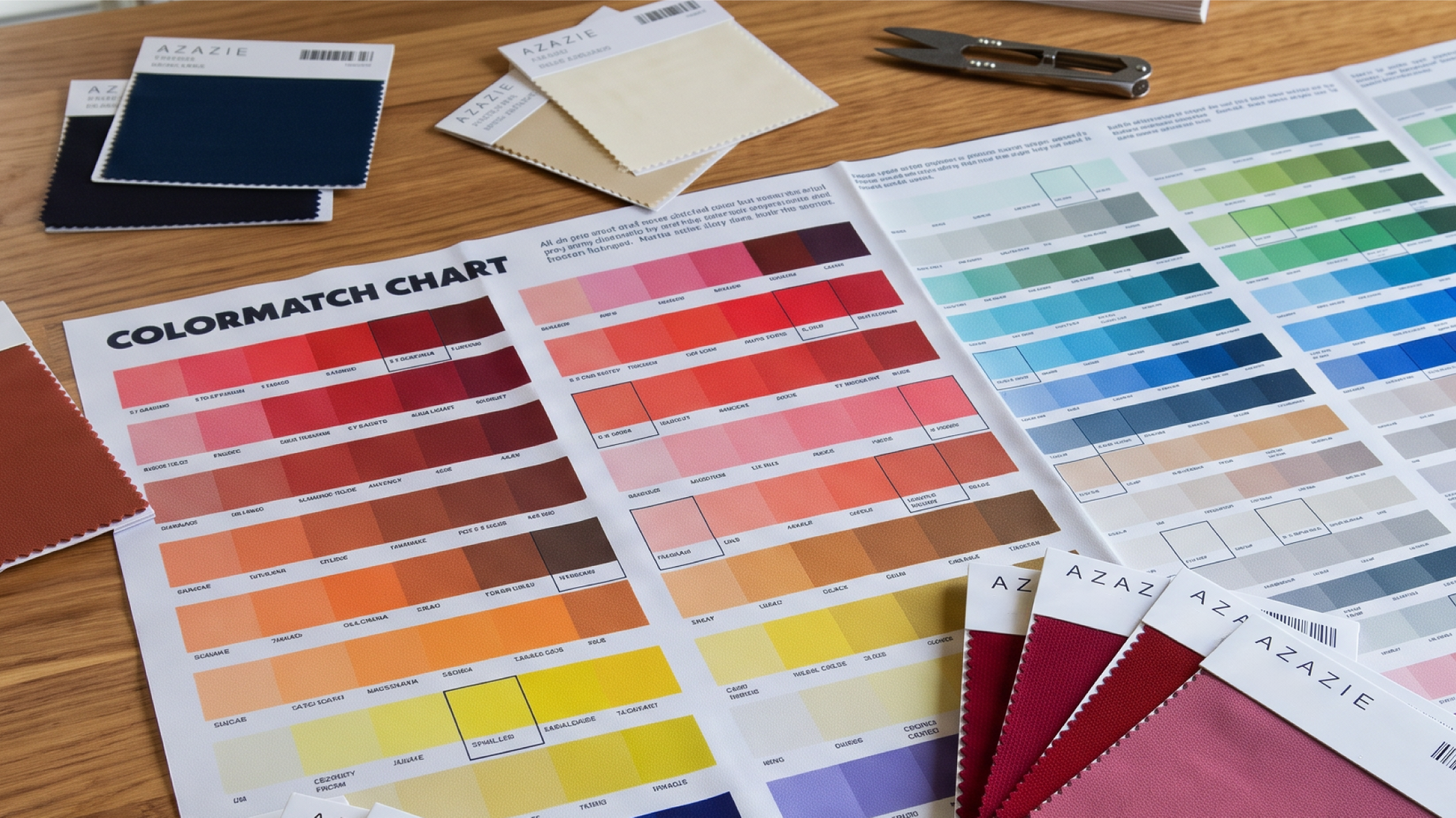 A tabletop display of color swatch cards and fabric samples, including a large printed colormatch chart.