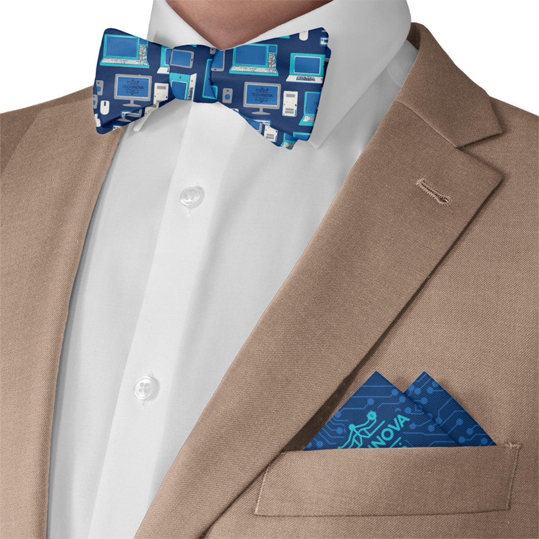 computer tech inspired custom bow tie and pocket square design with logo