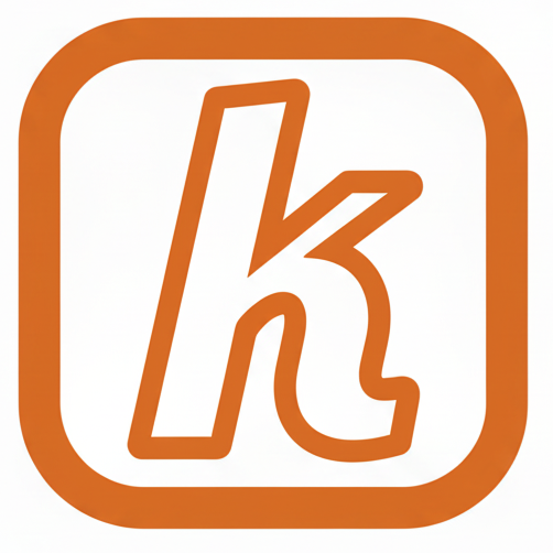 Logo with a stylized letter 'k' in a square frame on a white background